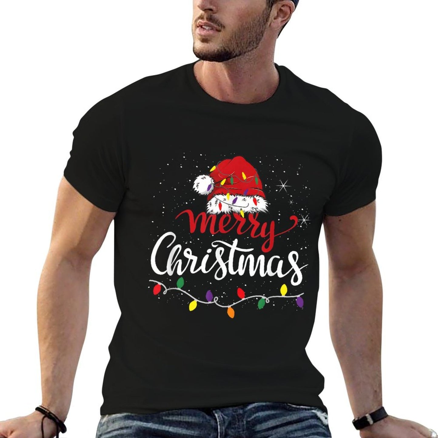 Merry Christmas Lights Red Santa Hat Xmas Family  Durable T-Shirt