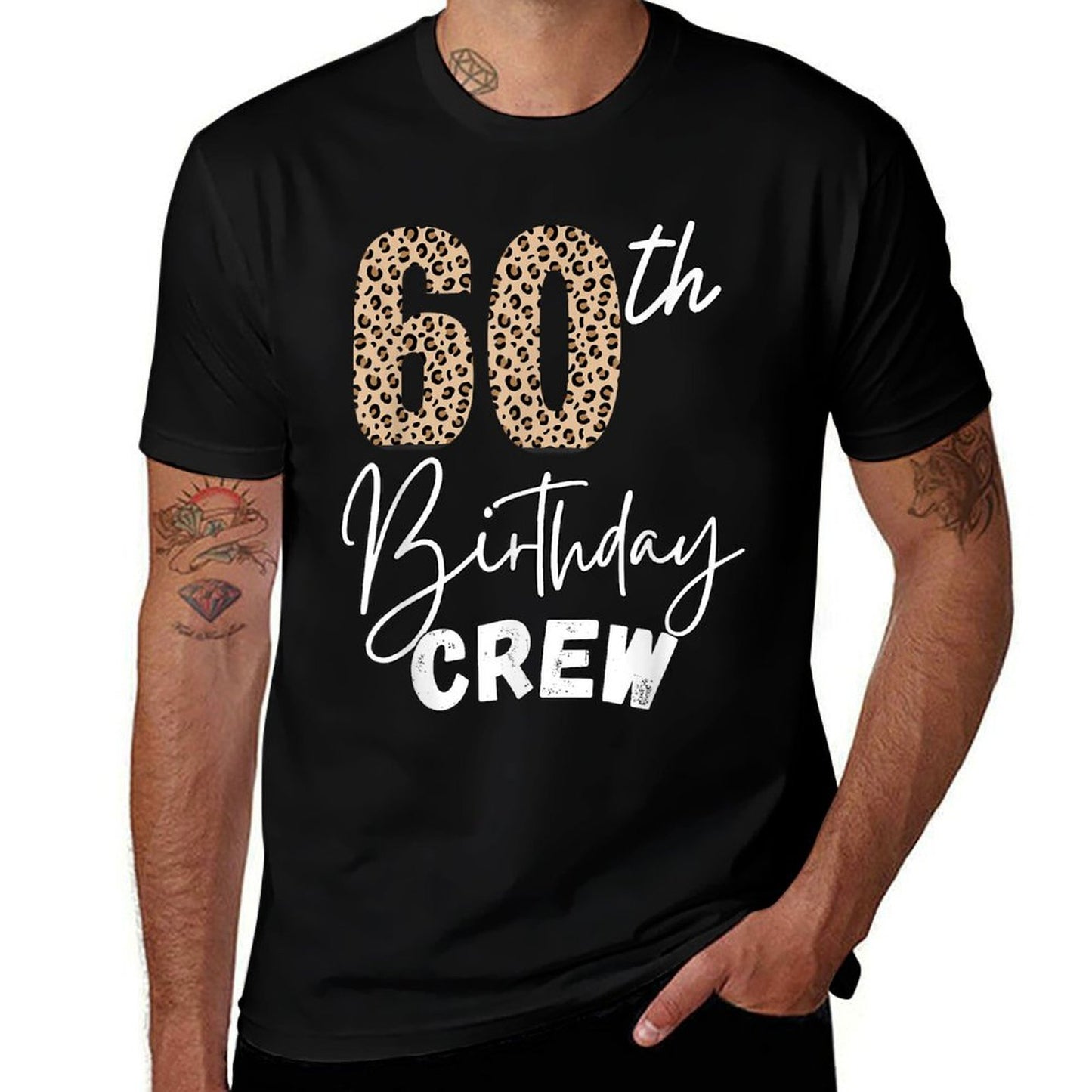60th Birthday Crew Leopard Print Stepping 60 Squad Party  Ribbed Collar T-Shirt