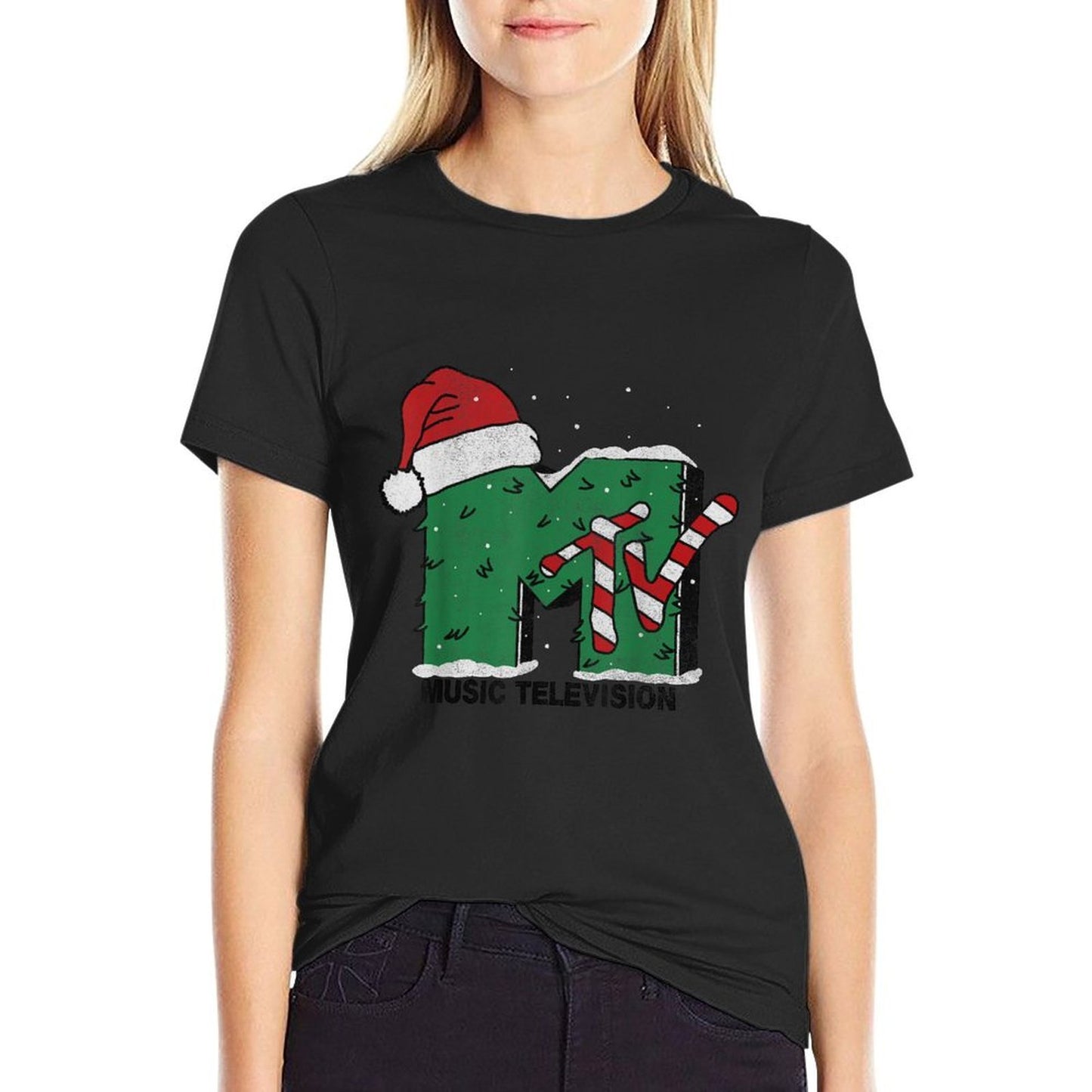 MTV Logo Christmas Tree Santa Hat Colors Graphic  Rolled Sleeves T-Shirt