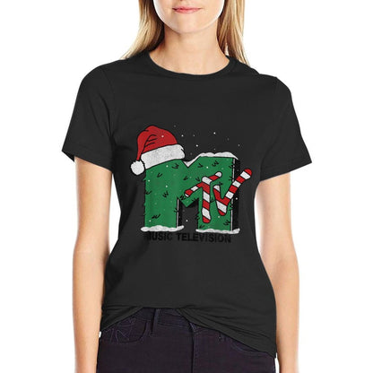 MTV Logo Christmas Tree Santa Hat Colors Graphic  Rolled Sleeves T-Shirt
