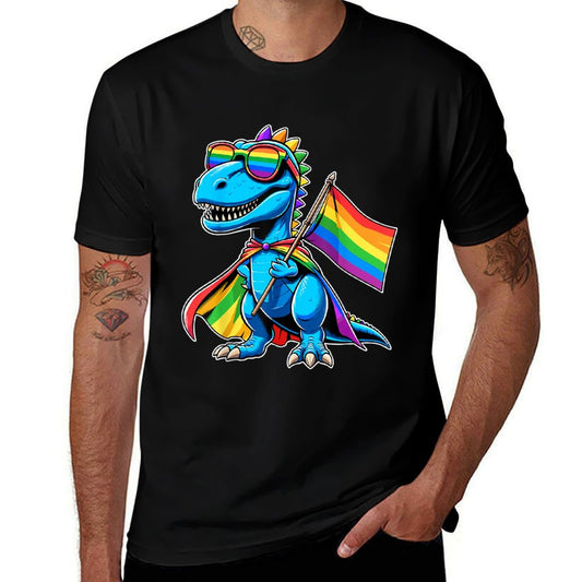 Dinosaur Gay Pride LGBT Rainbow Ribbed Collar T-Shirt