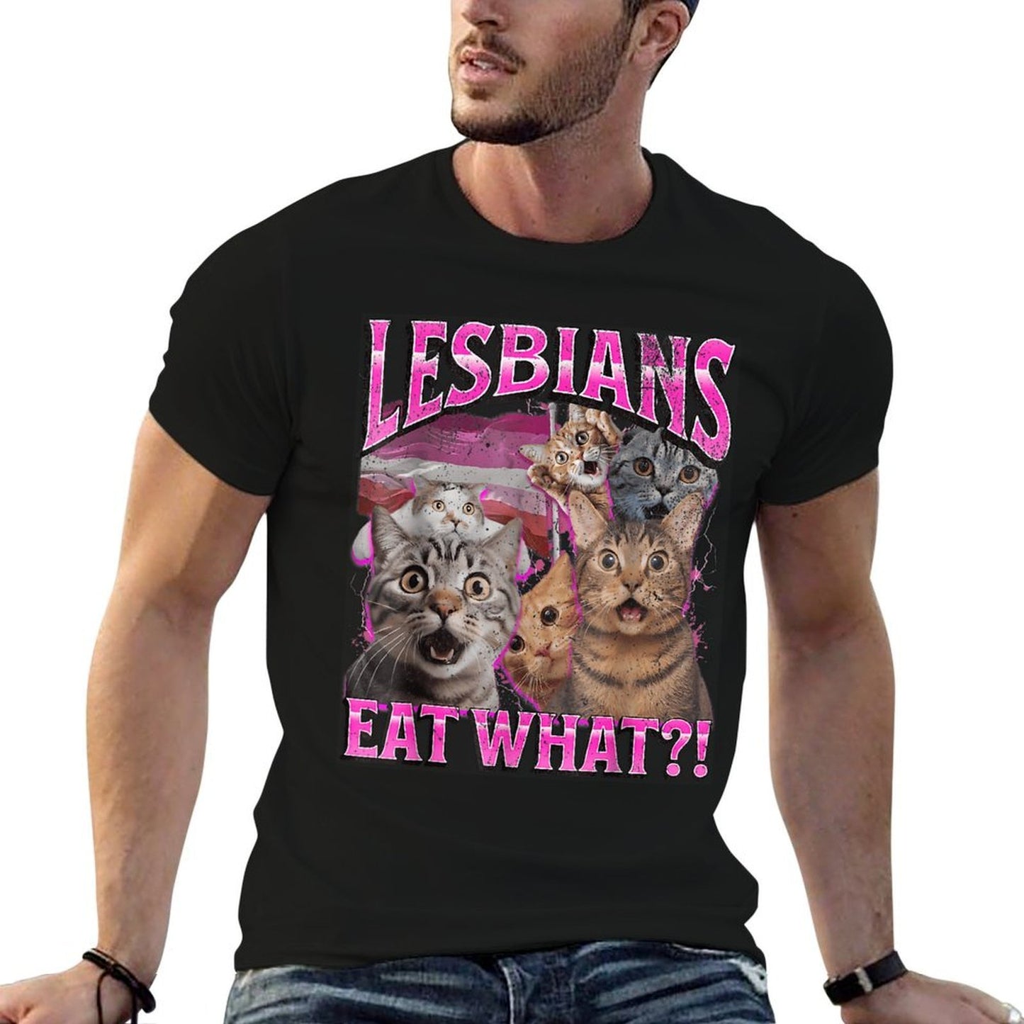 Lesbians Eat What! Funny Cat Gay Pride LGBTQ Pun  Affordable Price T-Shirt