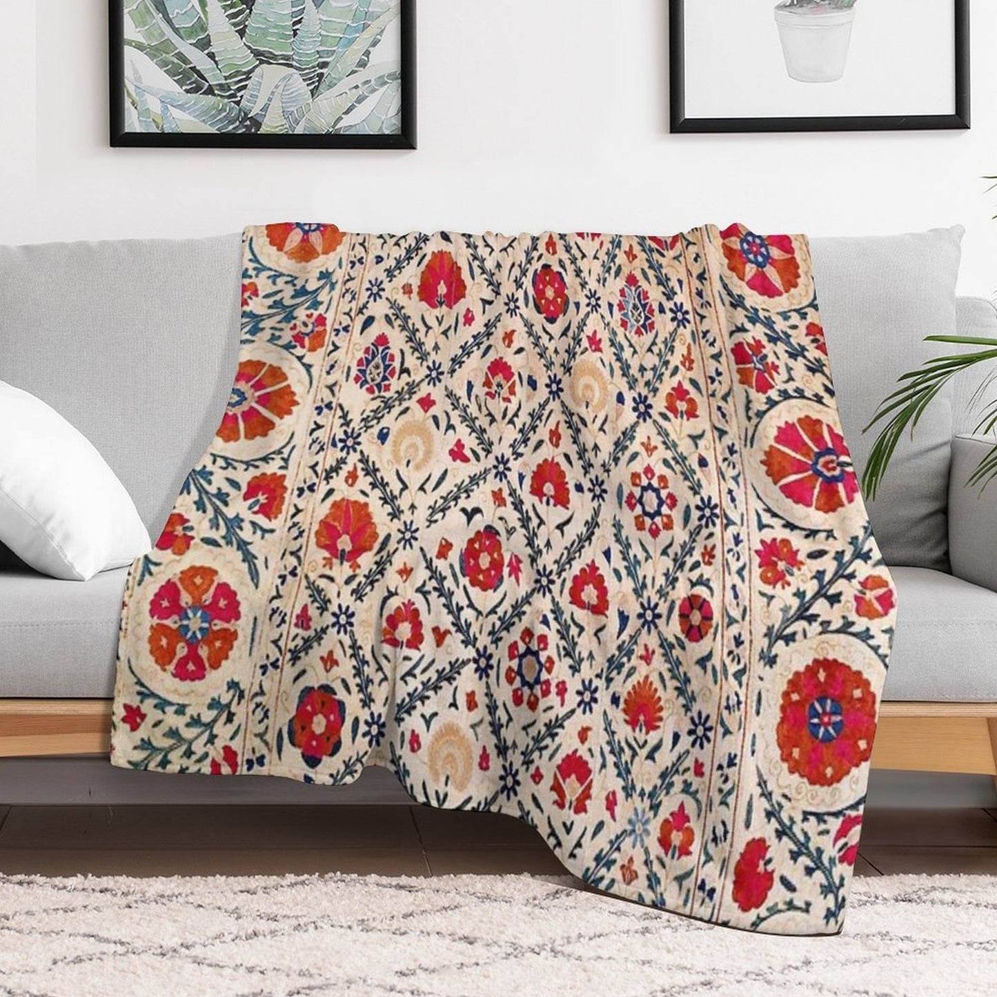 Kermina Suzani Uzbekistan Floral Embroidery Print Wrinkle-free Throw Blanket