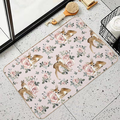 Little Deer With Vintage Roses  Blush  Absorbent Bath Mat