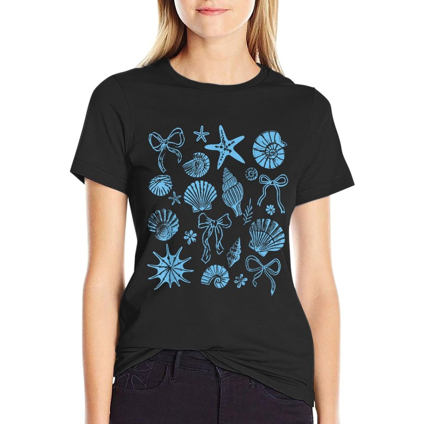 Blue Coquette Bow Seashell Coastal Starfish Ocean Beach  Graphic-printed T-Shirt