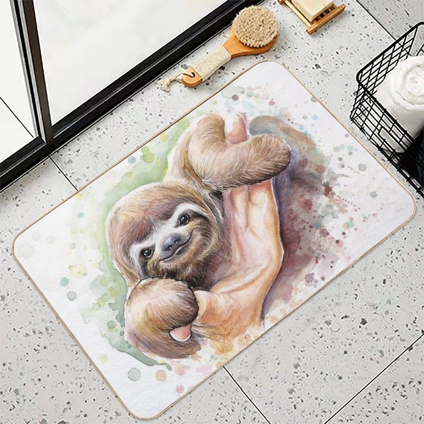 Baby Sloth Watercolor Painting, Cute Baby Animals Print Durable Bath Mat