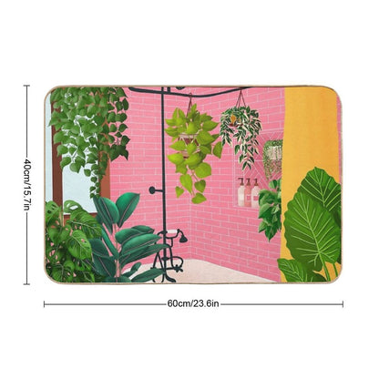 Pink Bathroom With Plants Durable Bath Mat