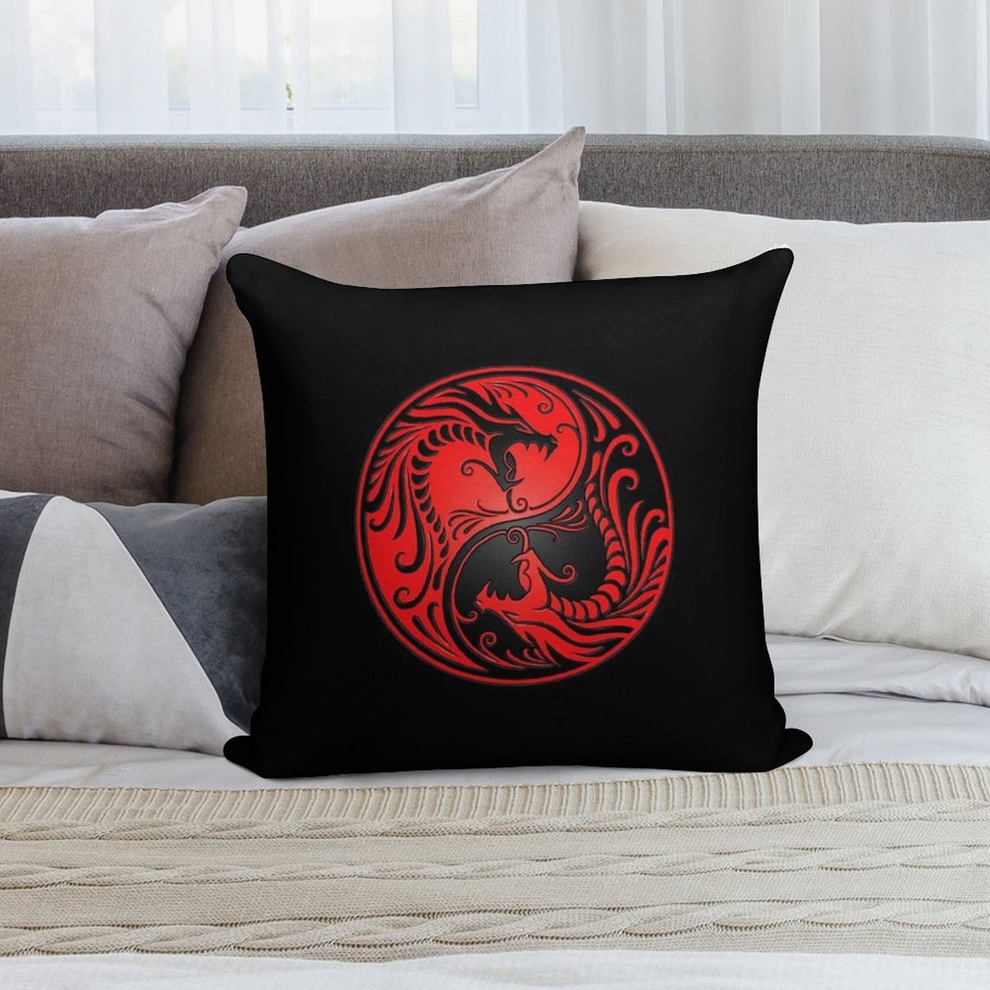 Yin Yang Dragons Red And Black Soft Gift Ready Throw Pillow