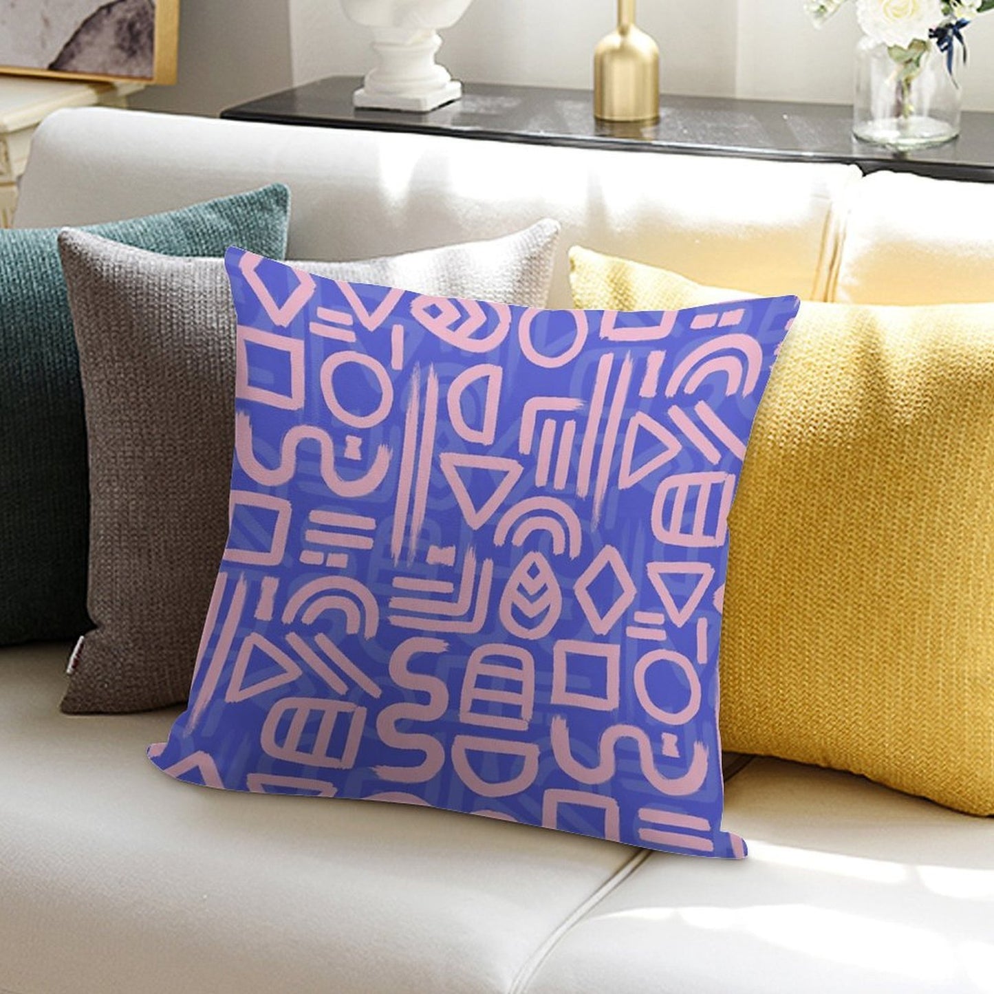 Shapes And Glyphs - Bold Brushstroke Abstract in Pink And Blue Soft Durable Construction Throw Pillow