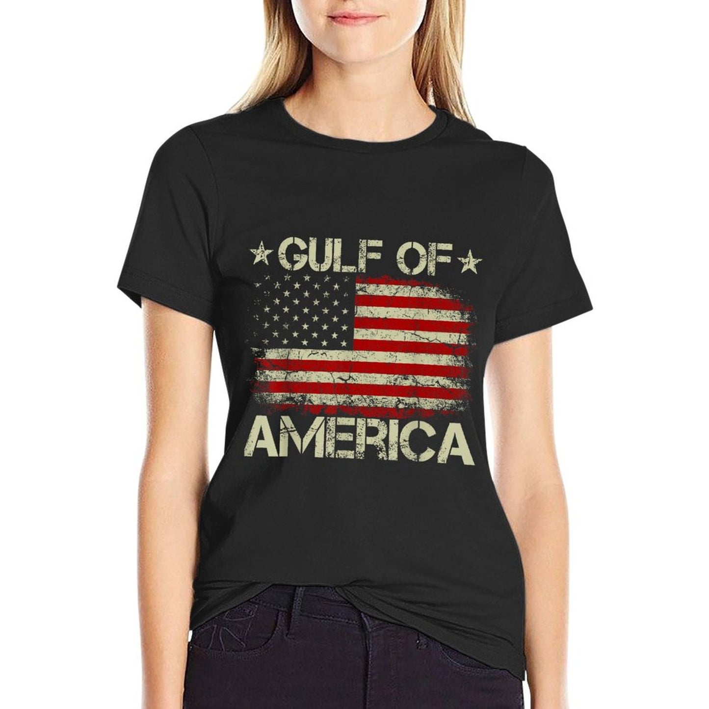 Gulf of USA America Vintage American Flag Patriotic Ribbed Collar T-Shirt