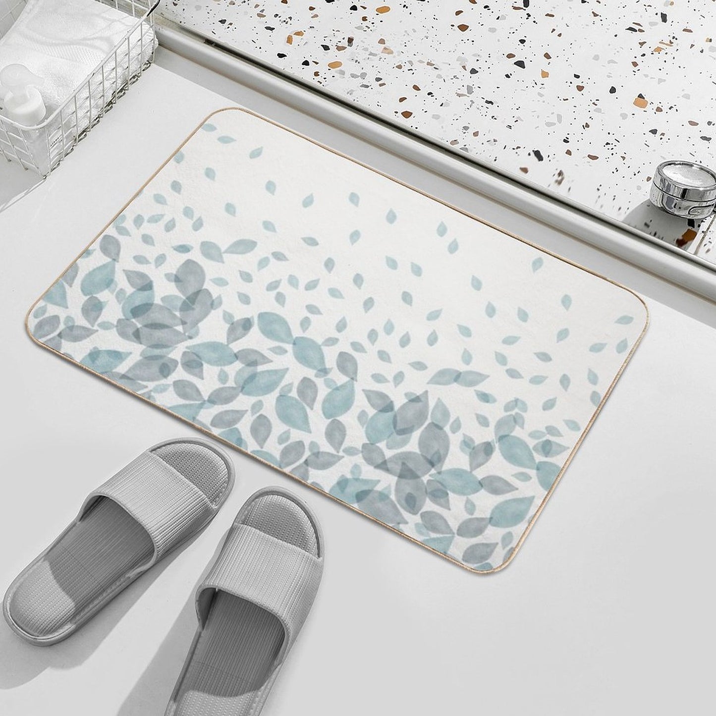 Watercolor Scatter Leaves (Teal)  Non-Slip Bath Mat