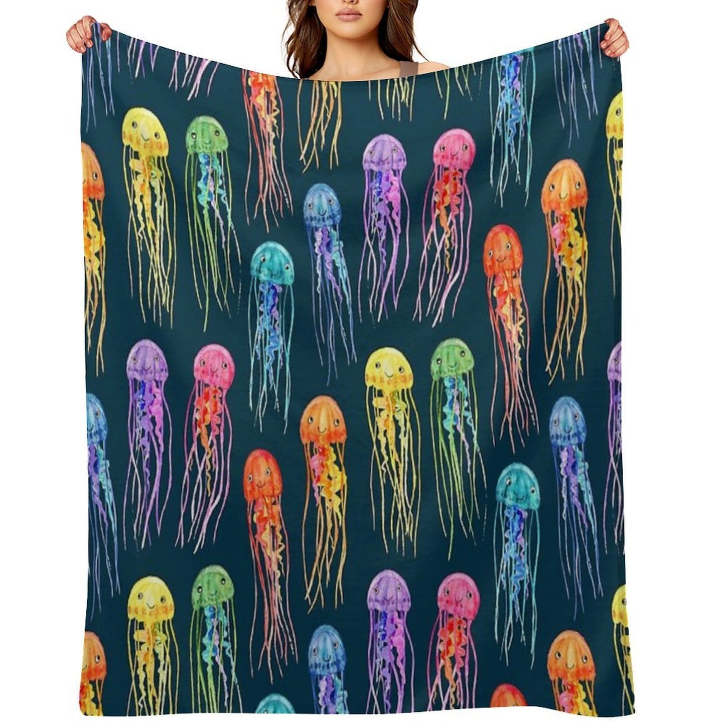 Rainbow Watercolor Jellies on Dark Teal Velvety-soft Throw Blanket