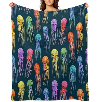 Rainbow Watercolor Jellies on Dark Teal Velvety-soft Throw Blanket