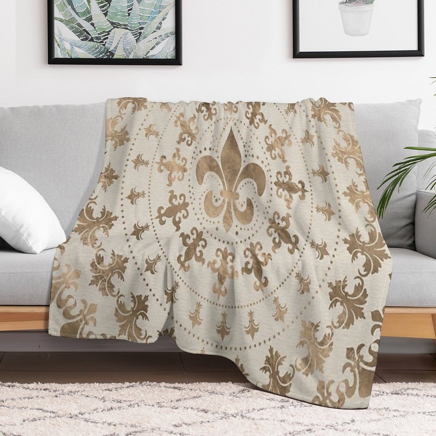 Fleur-de-lis Ornament Pastel Gold Sustainable Throw Blanket