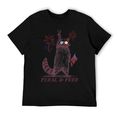 Feral & Free Funny Patriotic Racoon Feral And Free 4th July Trendy Pattern T-Shirt