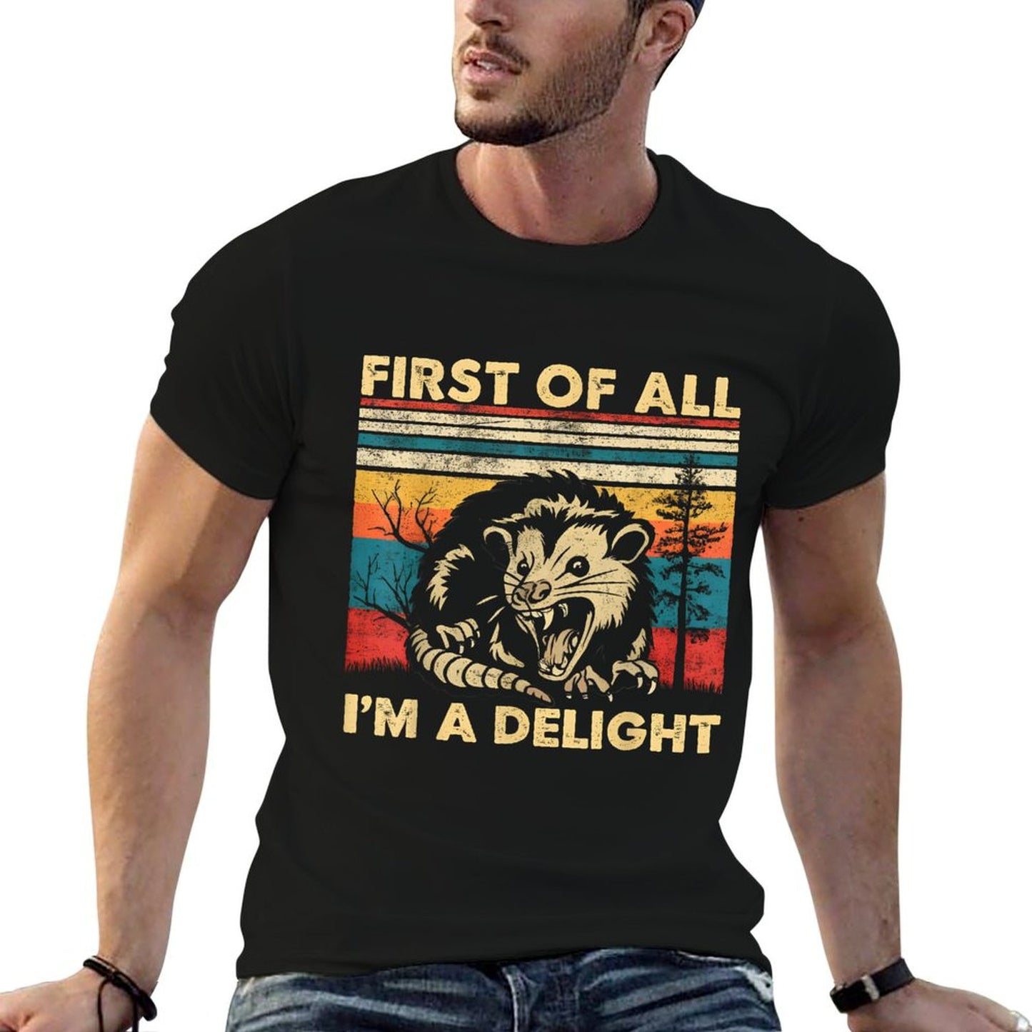 First Of All I'm A Delight Sarcastic Angry Opossum Possum, Small, Black Trendy Pattern T-Shirt