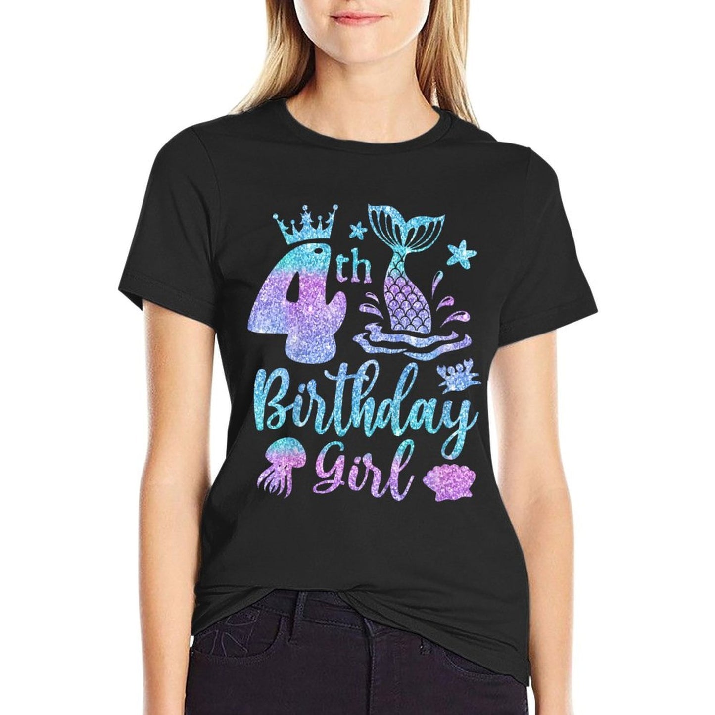 Kids Mermaid Birthday 4 Years Old 4th Bday Sea Mermaid For Girls  Ribbed Collar T-Shirt