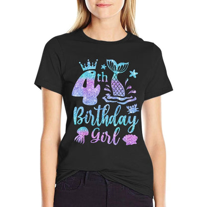 Kids Mermaid Birthday 4 Years Old 4th Bday Sea Mermaid For Girls  Ribbed Collar T-Shirt
