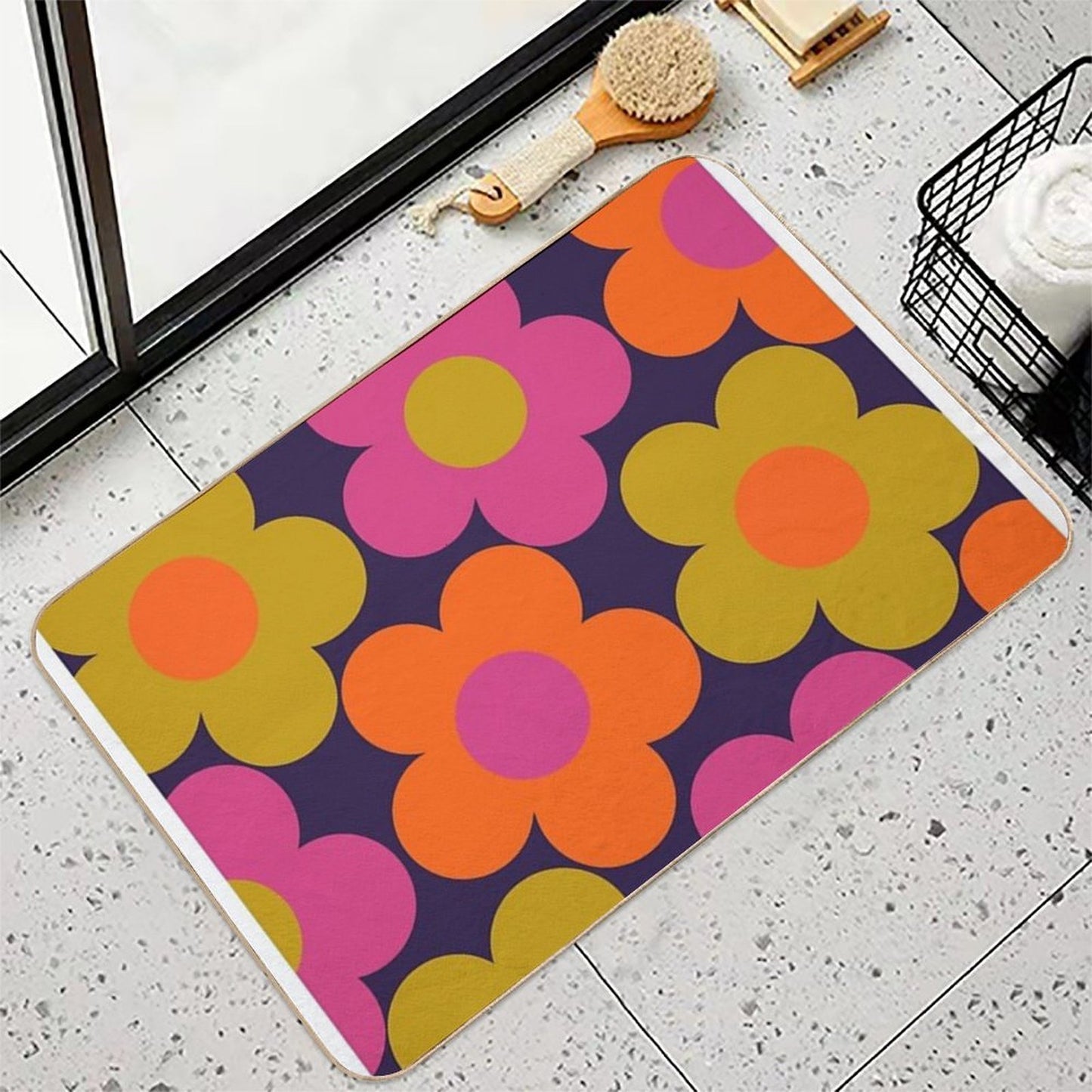 60s Style Neon Flowers  Rapid-Drying Bath Mat