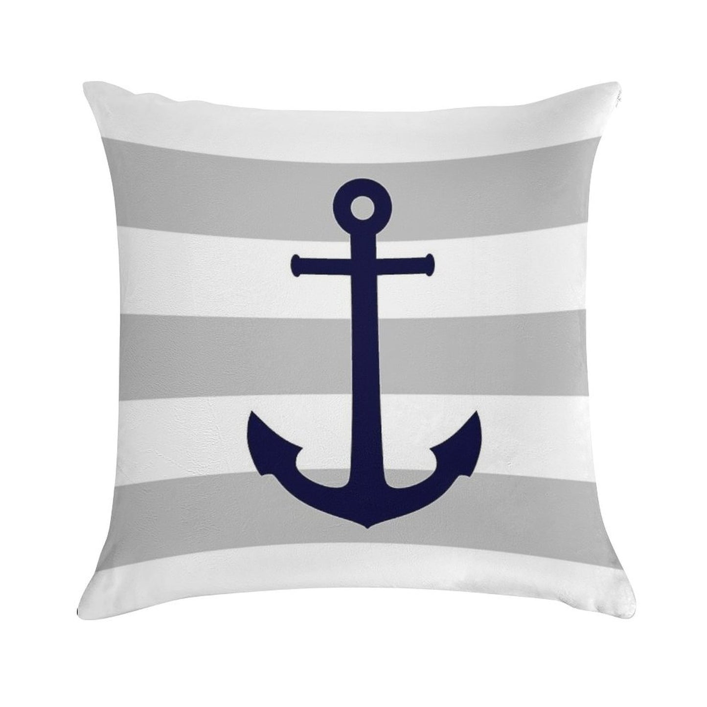 Nautical Navy Blue Anchor On Gray Stripes Soft High-Density Material Throw Pillow