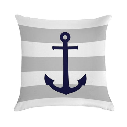Nautical Navy Blue Anchor On Gray Stripes Soft High-Density Material Throw Pillow