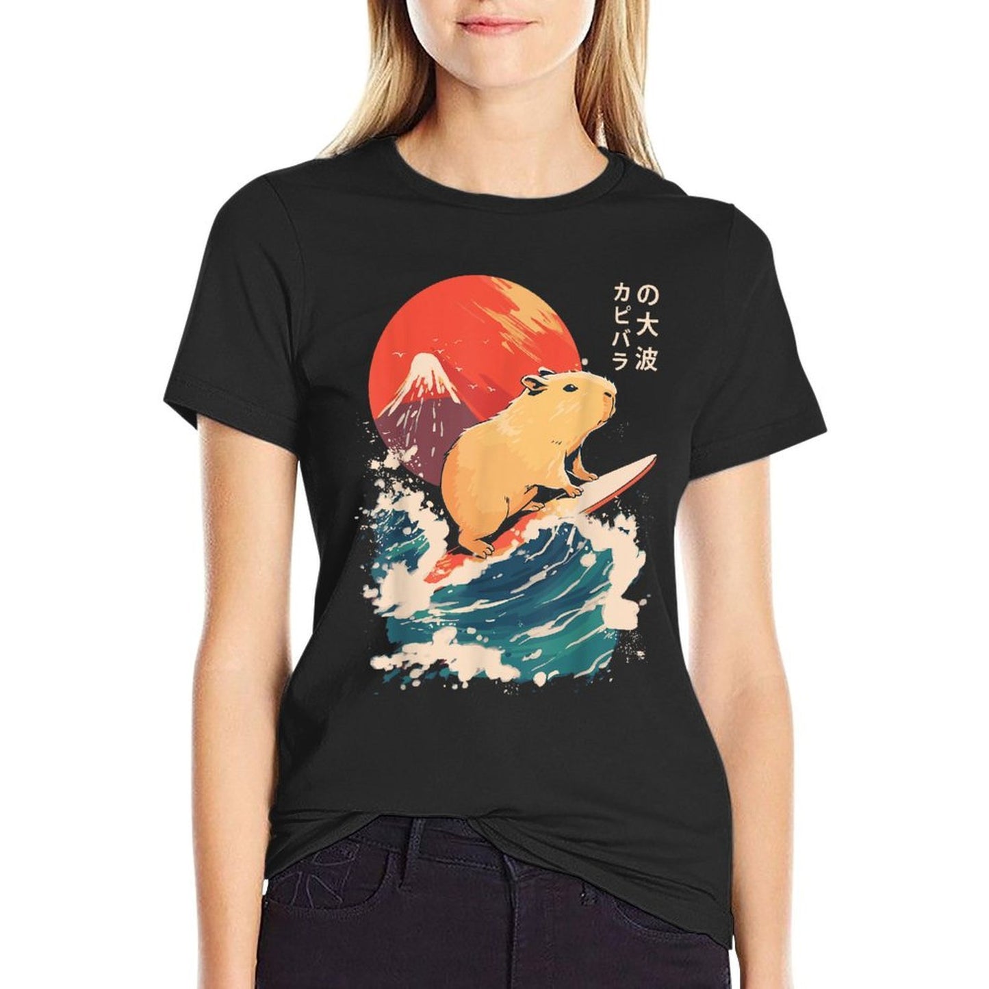 Japanese Capybara Surfing Wave Great Wave Japan  Stretchy T-Shirt