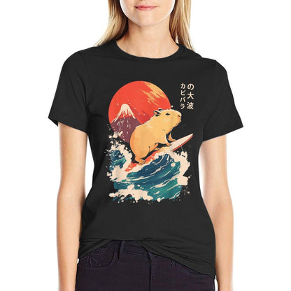 Japanese Capybara Surfing Wave Great Wave Japan  Stretchy T-Shirt