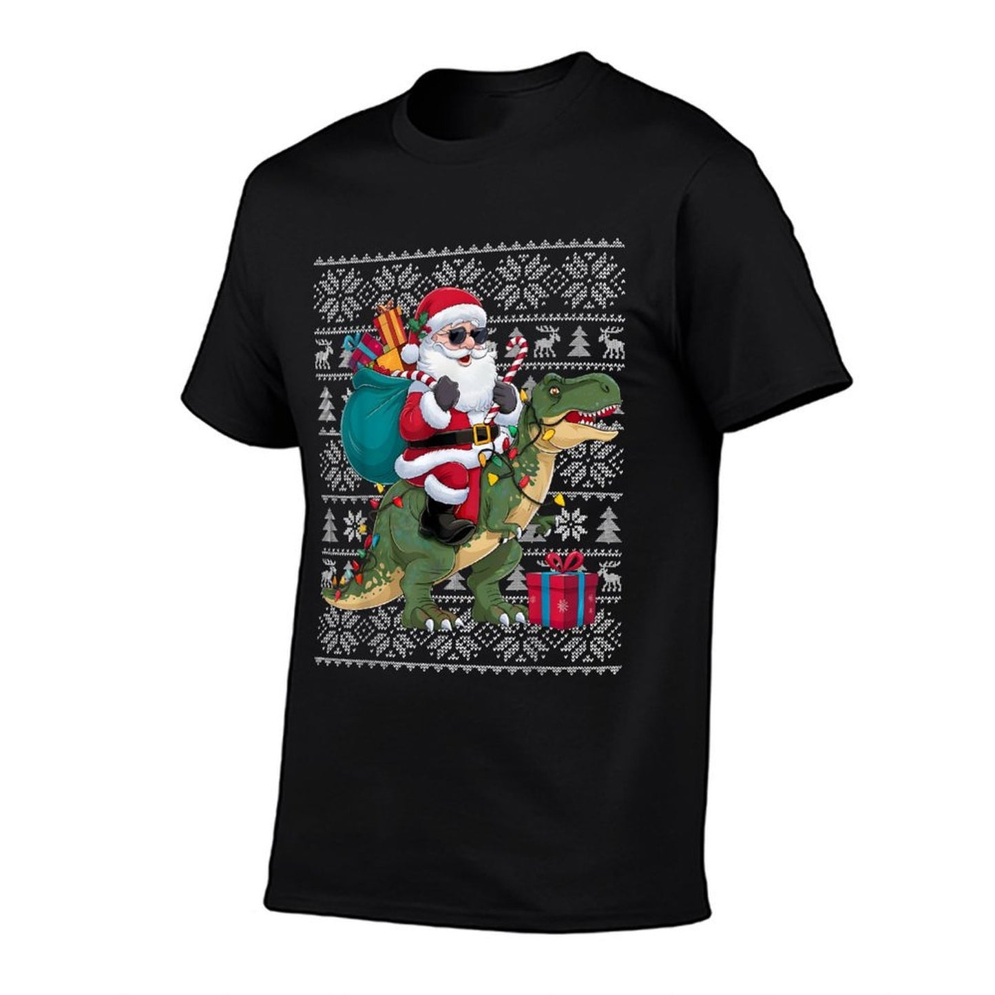 Ugly Xmas Sweater Style Santa Riding Dinosaur Christmas  Cotton T-Shirt
