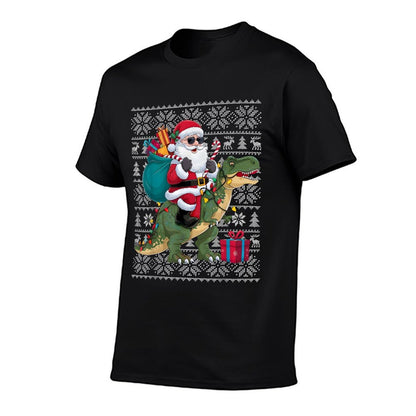 Ugly Xmas Sweater Style Santa Riding Dinosaur Christmas  Cotton T-Shirt