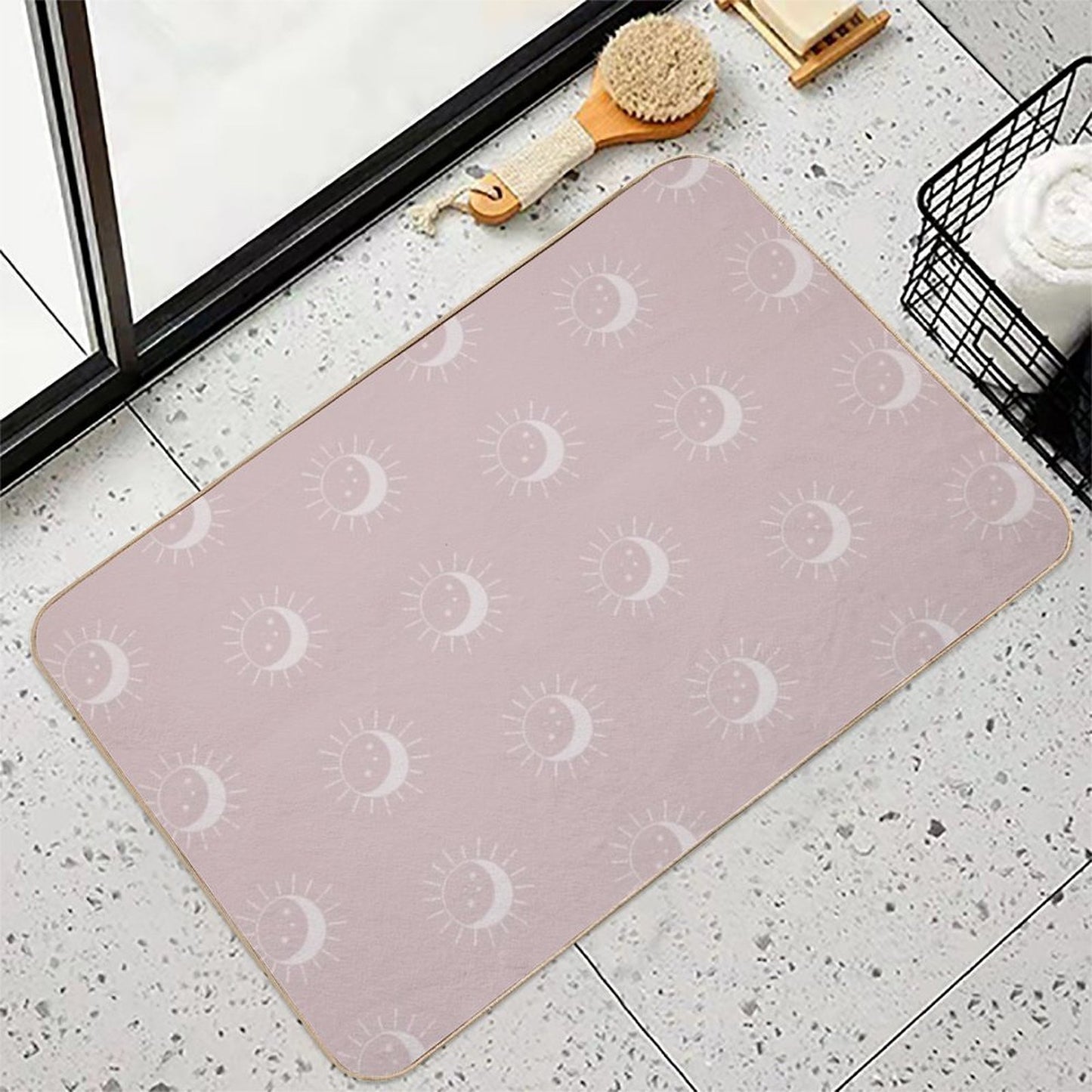 Pretty Sun And Moon Pattern Soft Aesthetic In Muted Colors Gray Pink  Easy To Clean Bath Mat