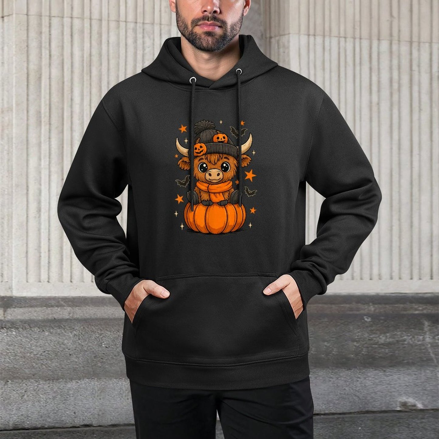 Retro Halloween Highland Cow Pumpkin Fall Cow Thanksgiving Relaxed Fit Hoodie