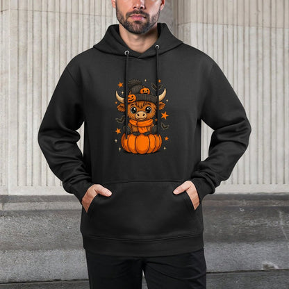 Retro Halloween Highland Cow Pumpkin Fall Cow Thanksgiving Relaxed Fit Hoodie