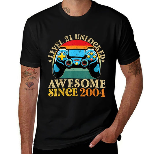 Level 21 Unlocked Awesome Since 2004 21st Birthday Gamer  Summer-ready Fabric T-Shirt