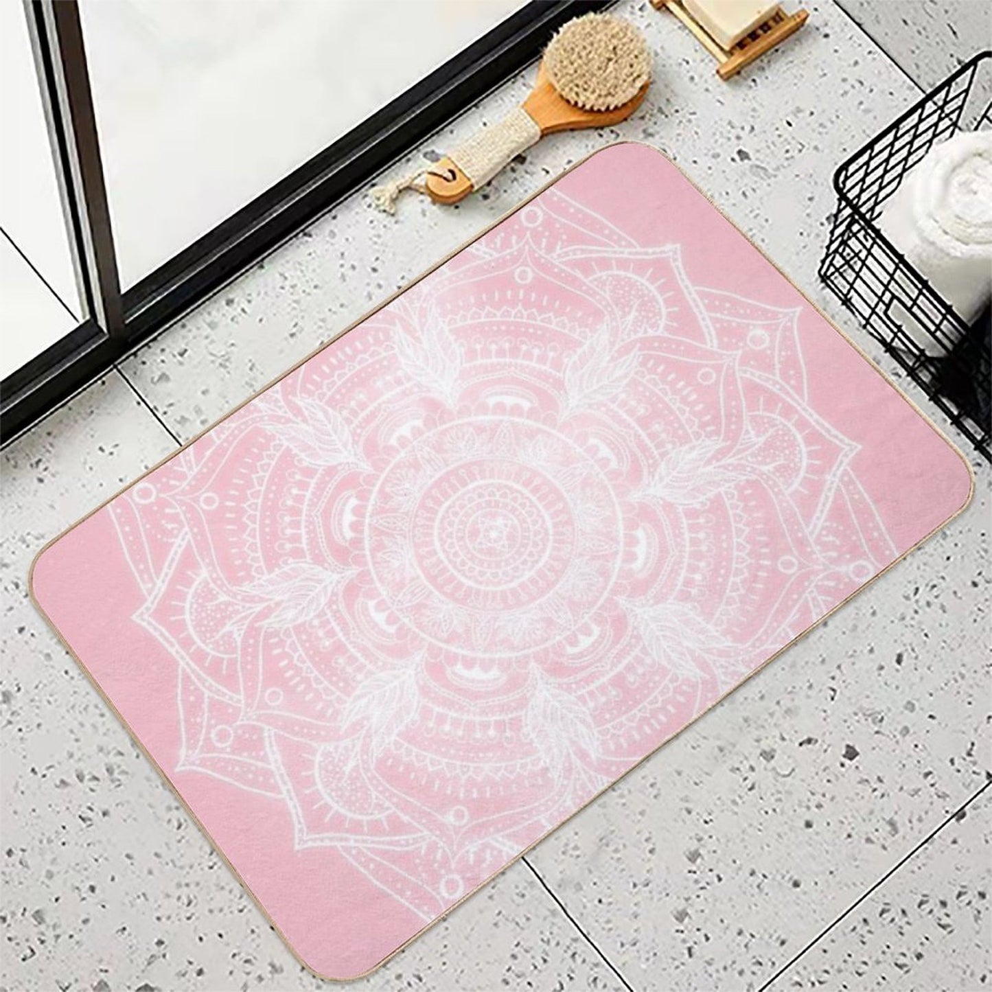 Elegant White Mandala Pink Nebula Design  Easy Maintenance Bath Mat