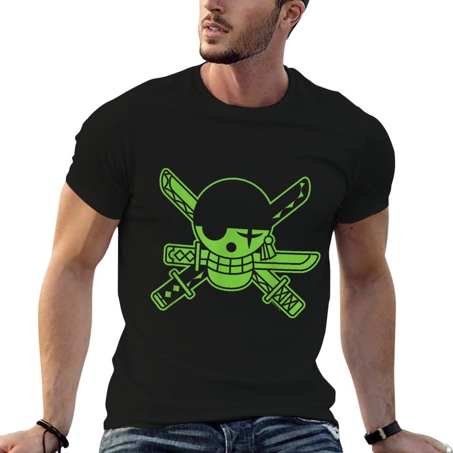 One Piece Anime Green Roronoa Zoro Jolly Roger Polyester Blend T-Shirt