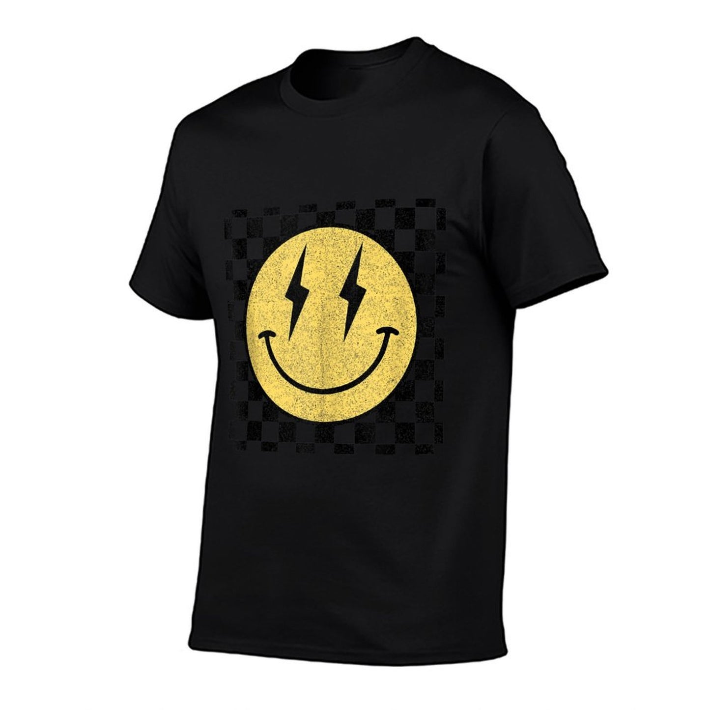 Retro Happy Face Checkered Pattern Smile Face Trendy  Rolled Sleeves T-Shirt