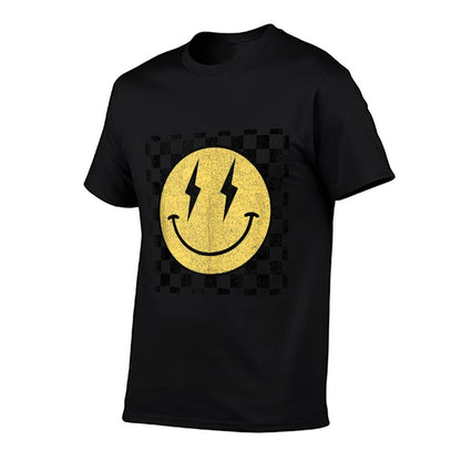 Retro Happy Face Checkered Pattern Smile Face Trendy  Rolled Sleeves T-Shirt