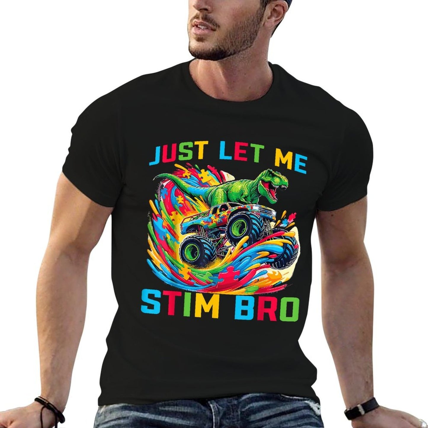 Just Let Me Stim Bro Dino Kids Boys Funny Autism Awareness  Summer-ready Fabric T-Shirt