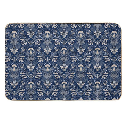 Mushrooms Forest Damask Navy Blue Beige  Pet-Safe Bath Mat