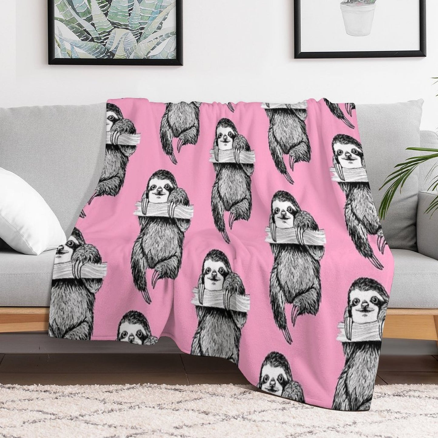 SLOTH HANGING OUT ON CARNATION PINK Velvety-soft Throw Blanket