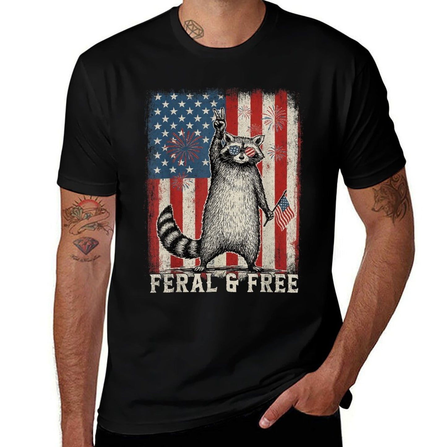 Feral But Free Raccoon July 4th Patriotic for Family  Affordable Price T-Shirt
