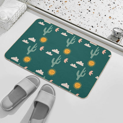 Boho Aesthetic Landscape Southwest Cactus And Sun - Forest Green Background  Long-Lasting Bath Mat