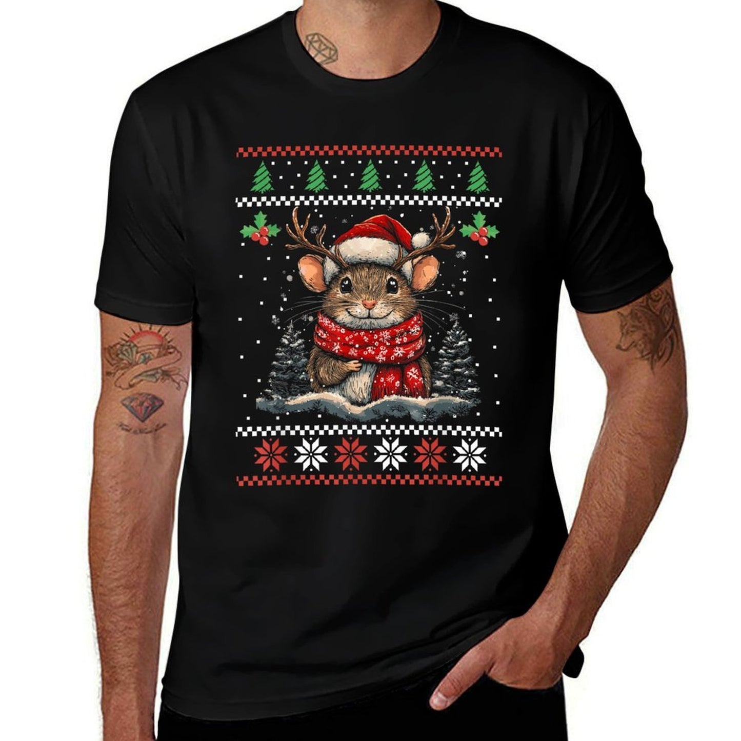 Rat Reindeer Santa Hat Ugly Christmas Sweater Xmas  Slim-fit Cut T-Shirt