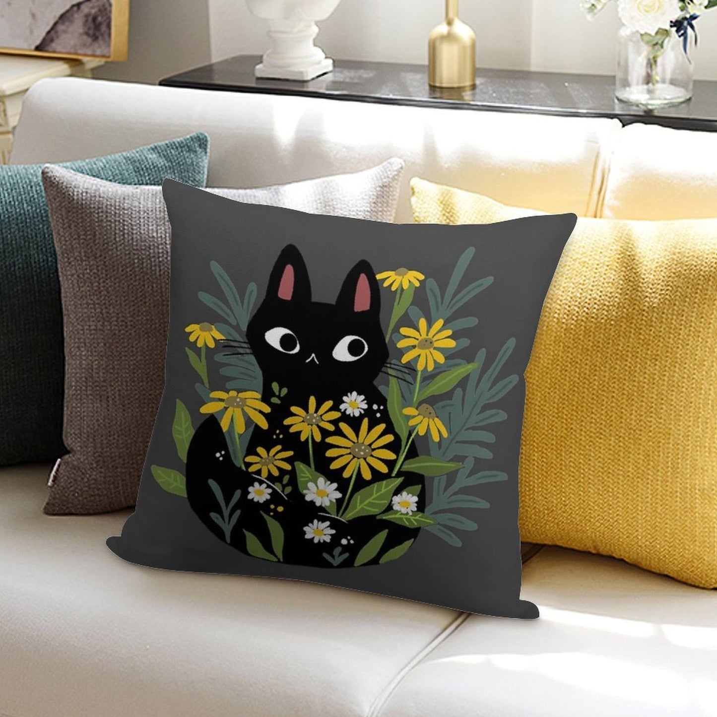 Black Cat with Flowers Soft Anti-Pilling Throw Pillow