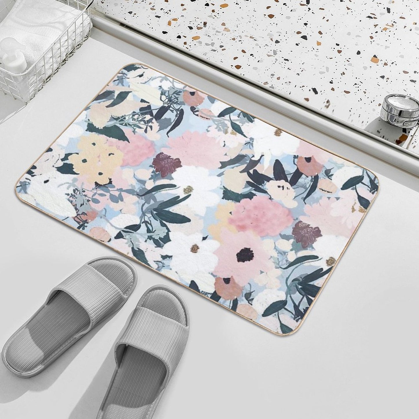 Pink White Floral Watercolor Blue Design  Fade-Resistant Bath Mat