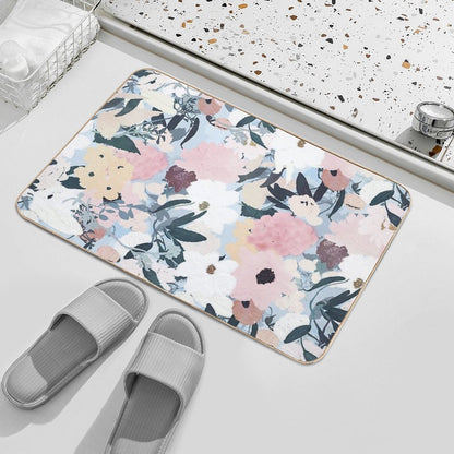Pink White Floral Watercolor Blue Design  Fade-Resistant Bath Mat