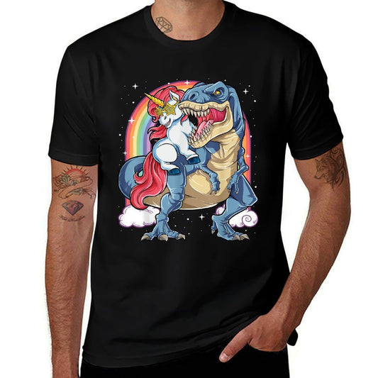 Unicorn Riding T Rex Dinosaur Boys Girls Men Women Rainbow  Cotton T-Shirt
