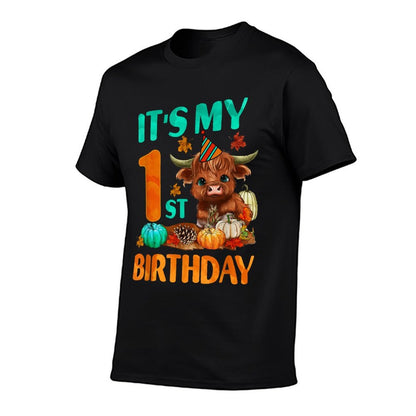 Its My 1st Birthday Boy 1 Yrs Old Highland Cow Print  Trendy Pattern T-Shirt