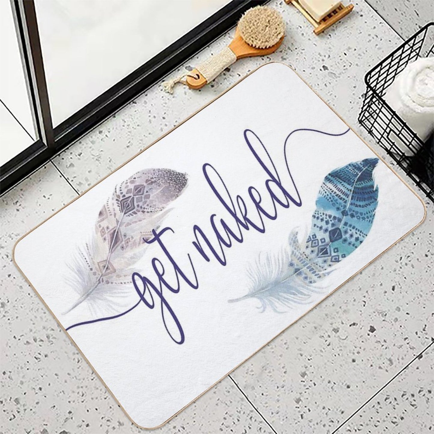 Get Naked Watercolor Boho Design with Feathers  Absorbent Bath Mat