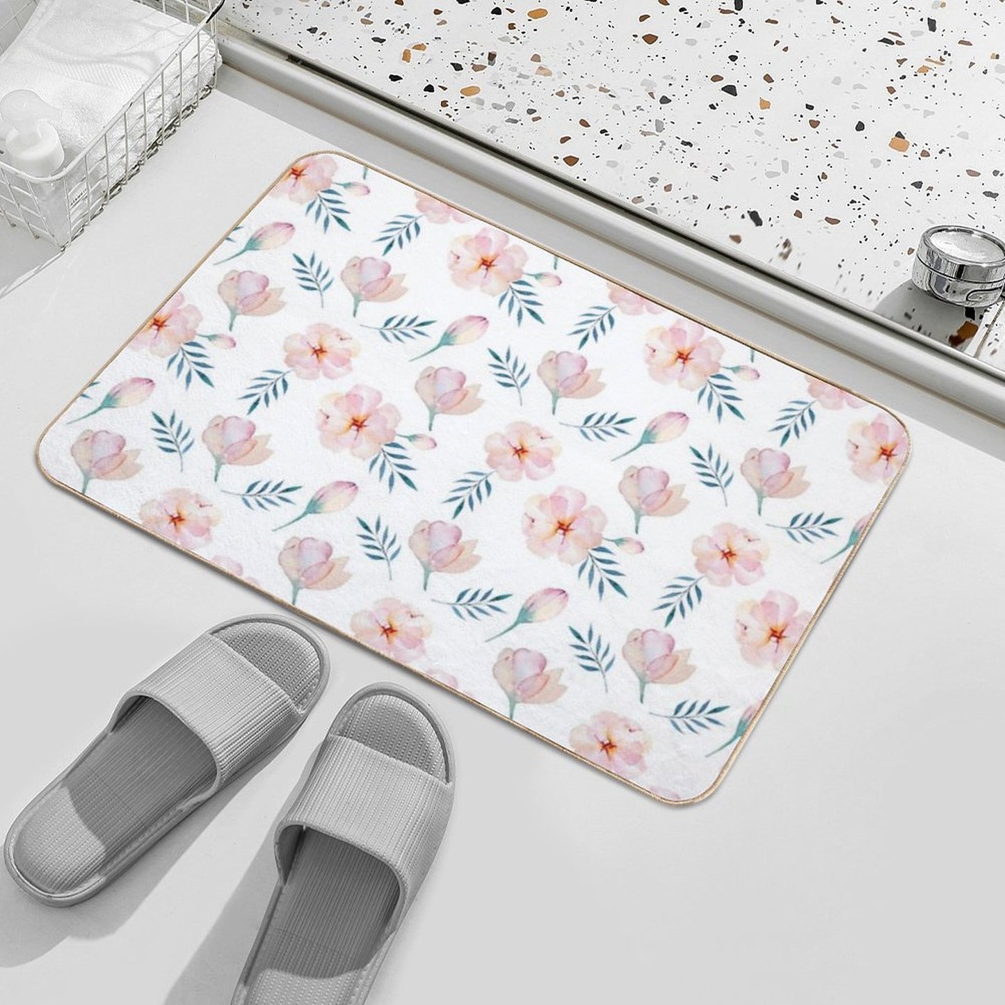 Romantic Pink Watercolor Floral Pattern  High-Traffic Bath Mat